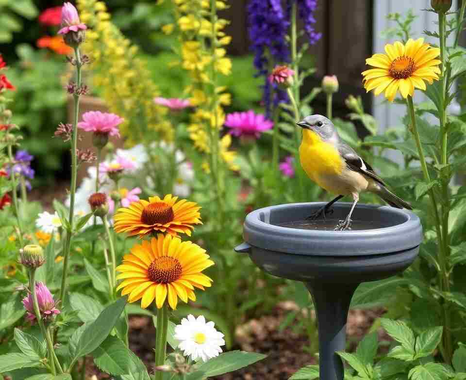 A bird perched on a bird bath in a bird-friendly backyard.