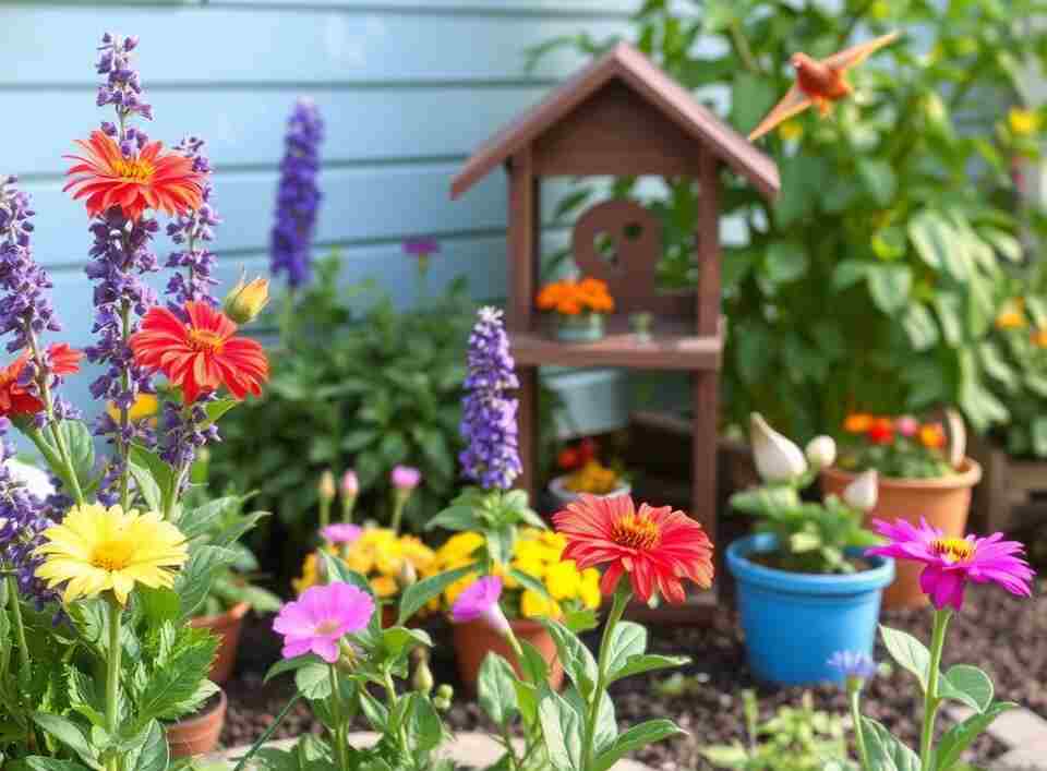 A backyard with flowers and bird feeders.