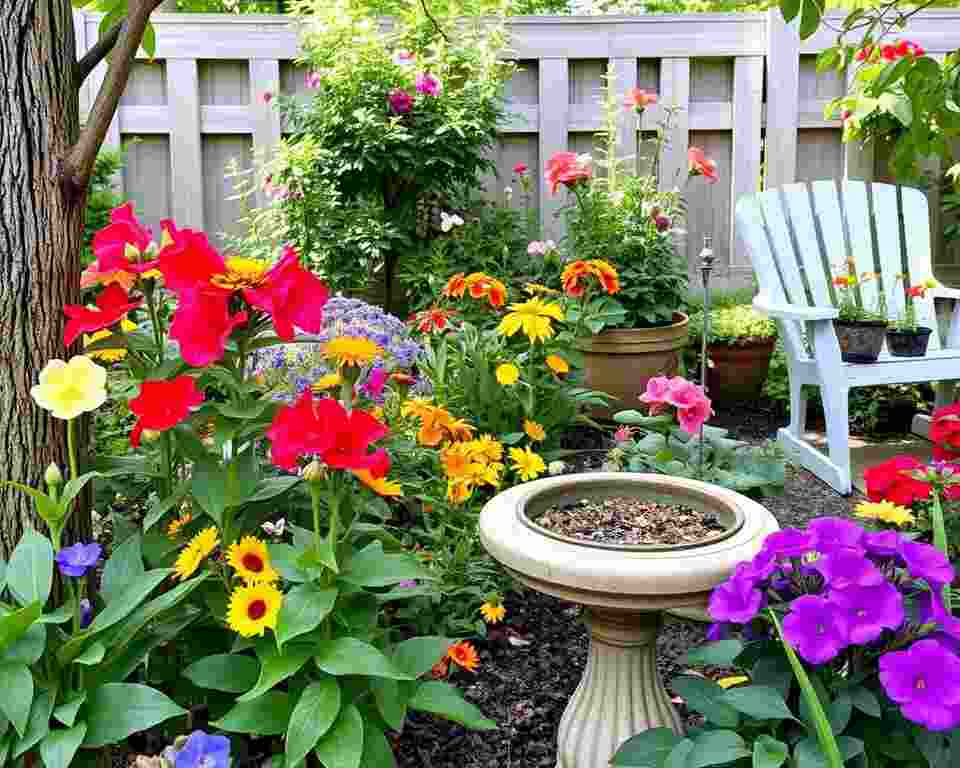 A bird-friendly backyard with feeders, birdbaths and flowers.