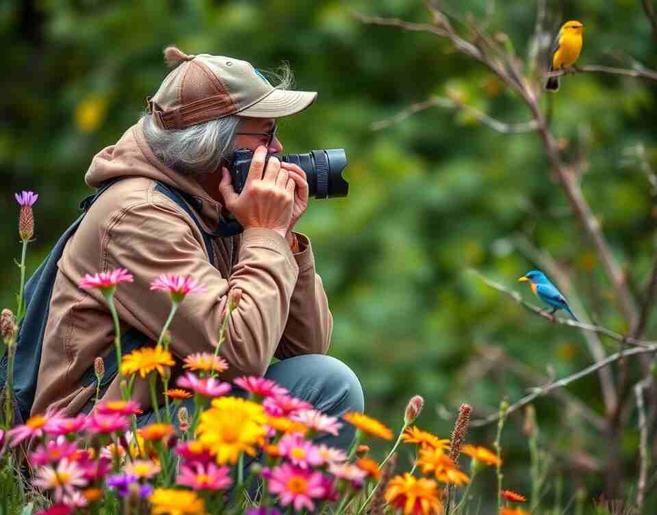 A birdwatcher taking photos of wild birds in a park.