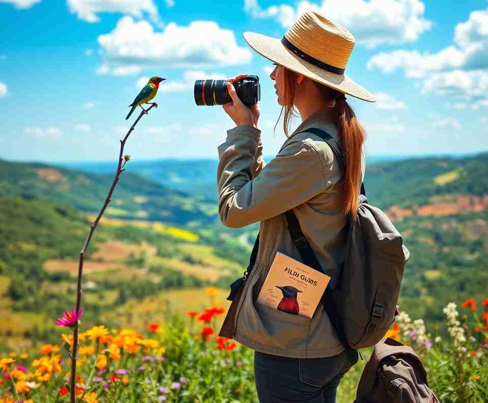 A birdwatcher taking a photo of a bird.