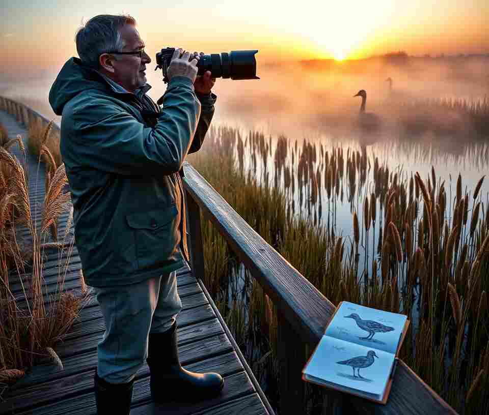 A male birdwatcher taking photos of geese.