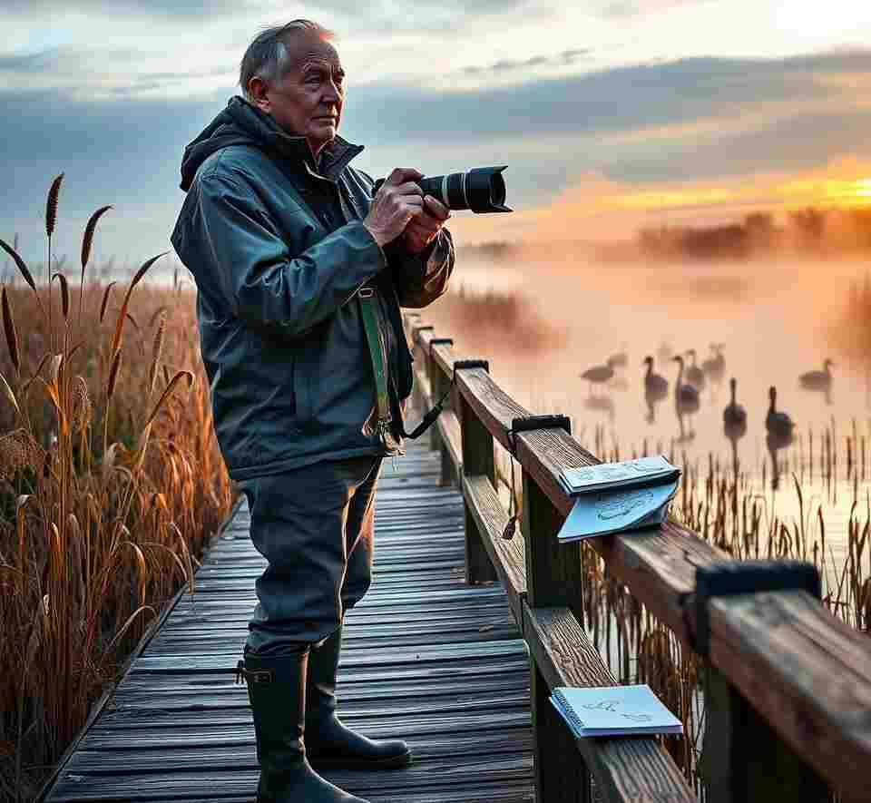 A male birdwatcher preparing to take photos of some geese.