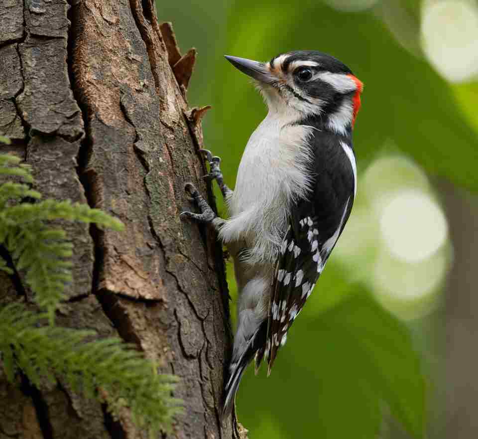 A Downy Woodpecker is perched firmly on the side of a weathered tree trunk