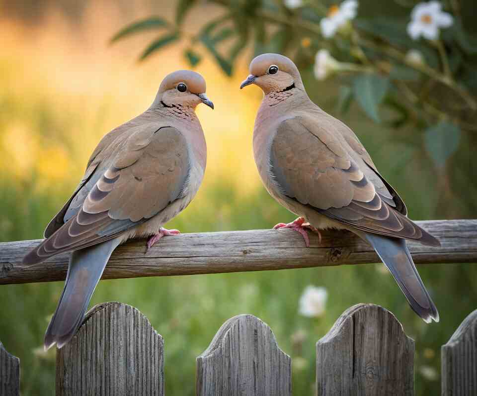 A pair of Mourning Doves sit closely together on a weathered wooden fence.