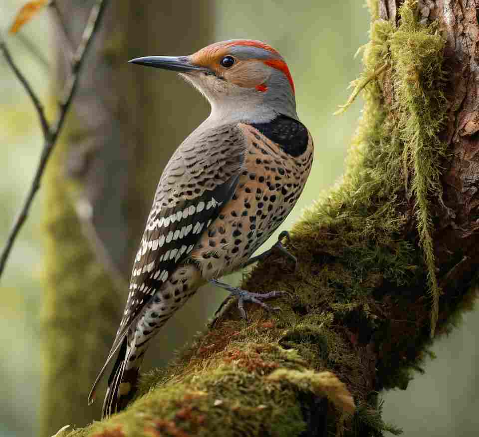 A Northern Flicker clings to the side of a moss-covered tree.