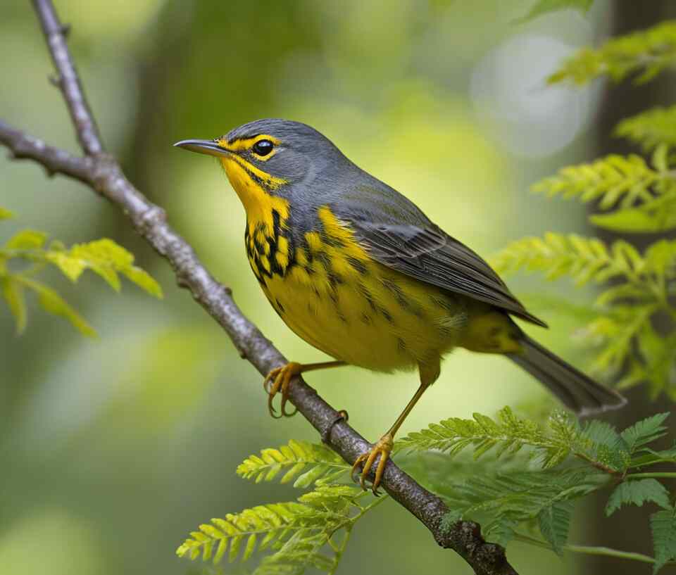 A vibrant Canada Warbler perches delicately on a slender branch in a lush forest.