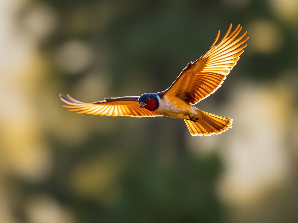 A stunning bird in flight, illuminated by golden sunlight, showcasing the beauty of bird photography in motion. The background is softly blurred, emphasizing the bird's sharp focus and vibrant feathers.