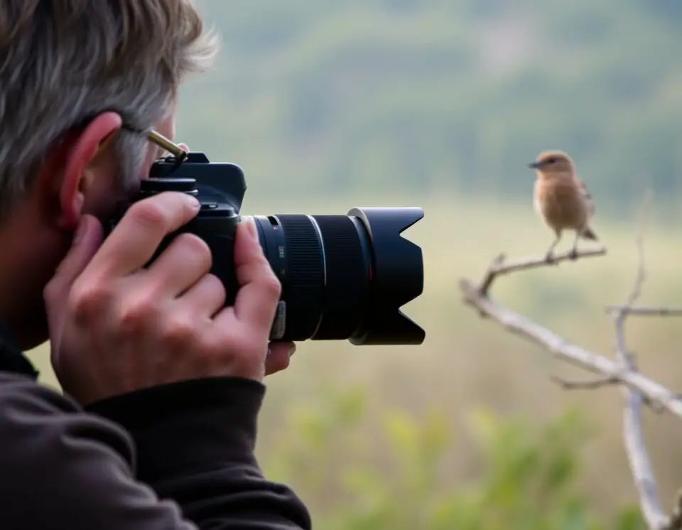 A photographer outdoors, adjusting camera settings to capture a bird perched on a branch. The image highlights the importance of understanding shutter speed, aperture, and ISO in bird photography.