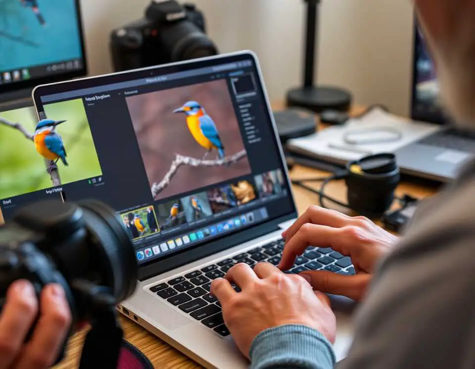 A photographer working on post-processing a bird photo on their laptop, adjusting color and exposure settings in Adobe Lightroom to enhance the image. The workspace is filled with photography gear, showcasing the editing process.