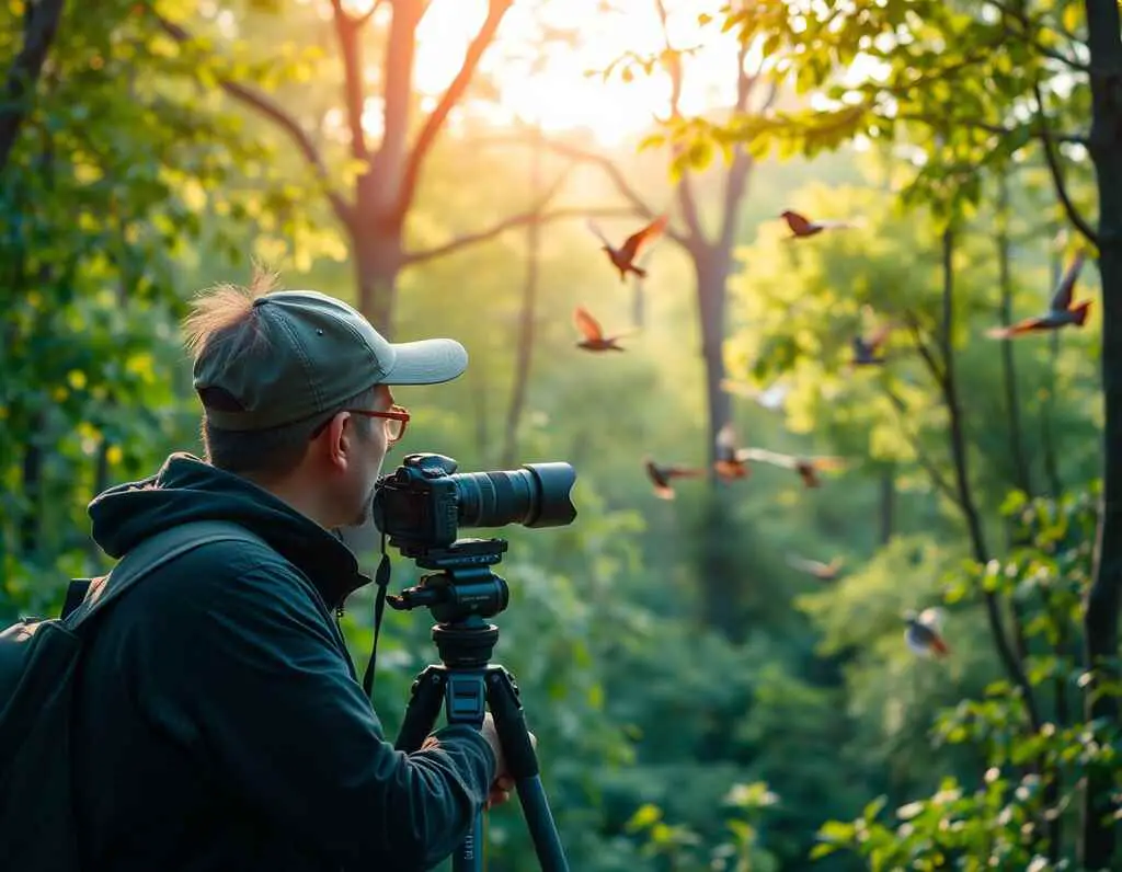 Photographer capturing birds in nature with a camera and tripod.