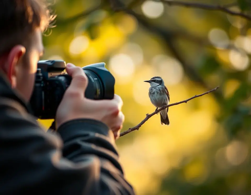 Close-up of a photographer capturing a bird perched on a tree branch.