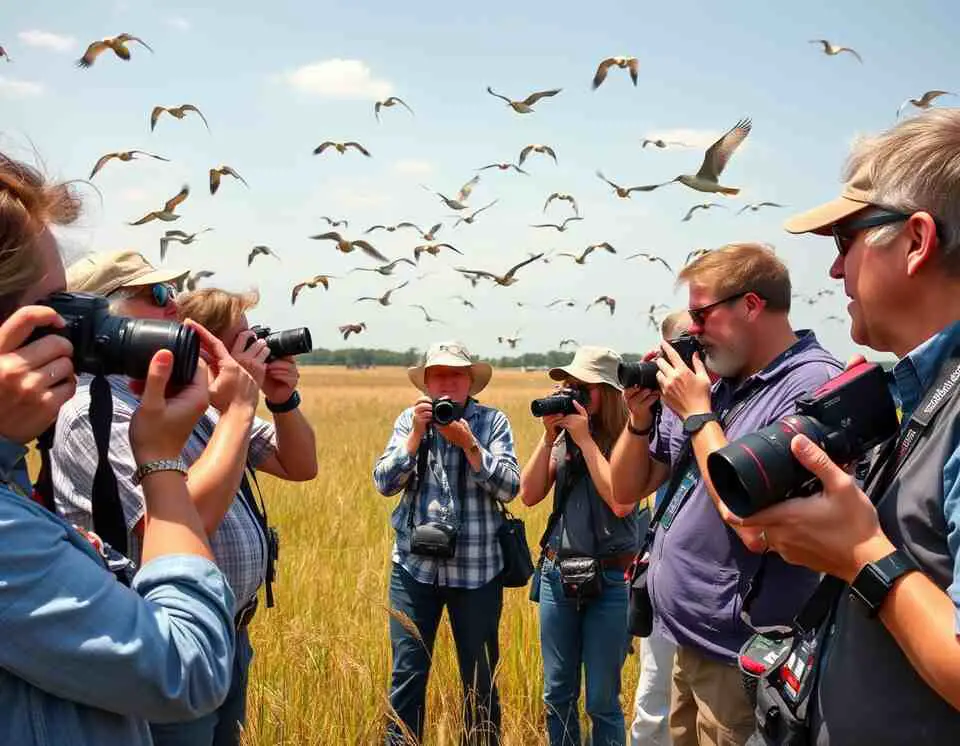 Group of photographers learning and capturing birds together in the field.