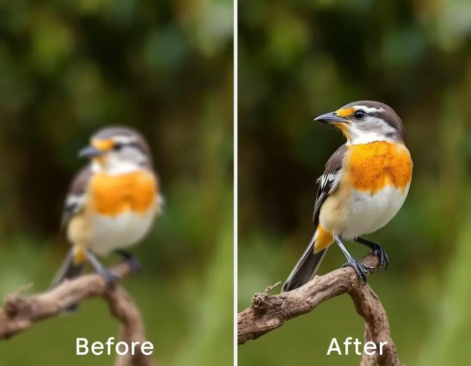 Before-and-after comparison of bird photos showing improvement after completing iPhotography course.