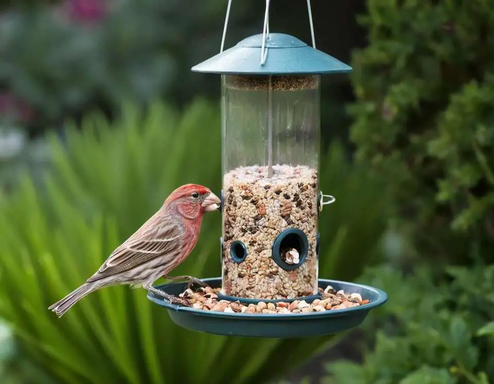 A House Finch feeding from a hanging bird feeder in a garden.