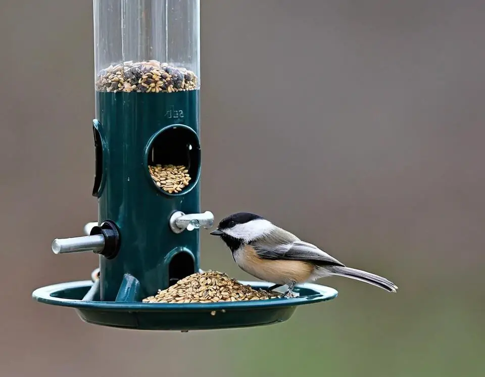 A Black-capped Chickadee perched on a tube feeder, enjoying seeds.