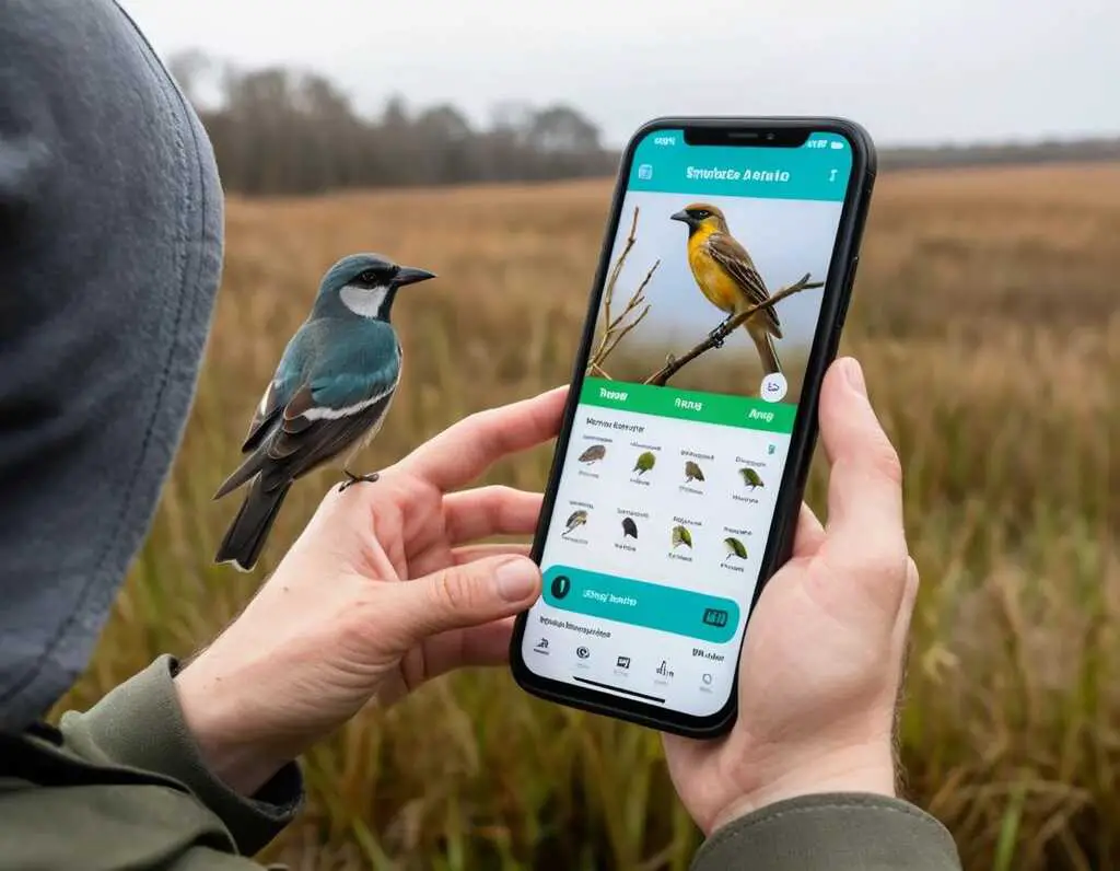 A birdwatcher with a smartphone screen showing a bird identification app with a focus on a bird species.