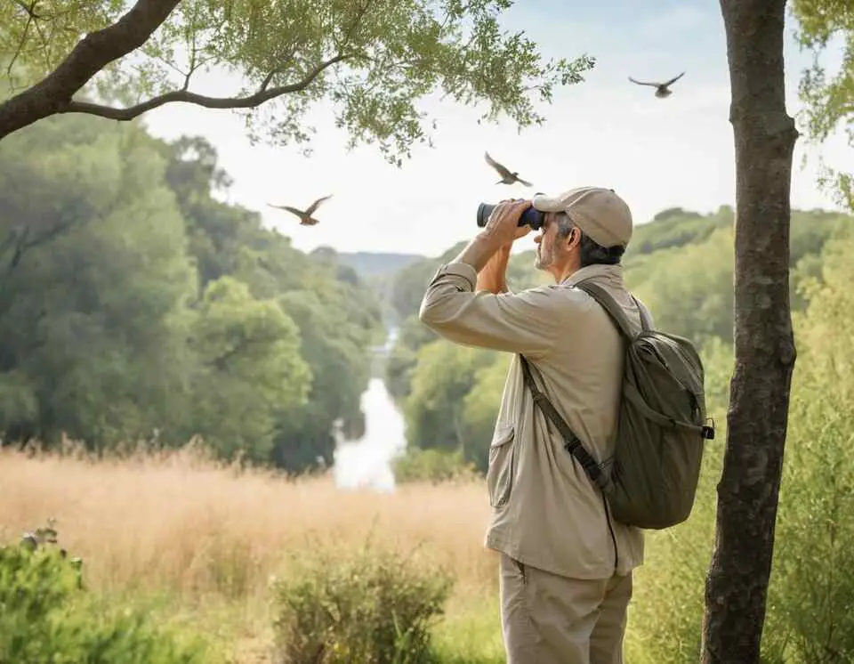 Birdwatcher wearing dark, neutral clothing to blend into nature while observing birds.