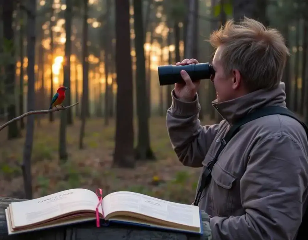 A birdwatcher in a forest at dawn observing a colorful bird through binoculars, with a field guide and journal nearby.