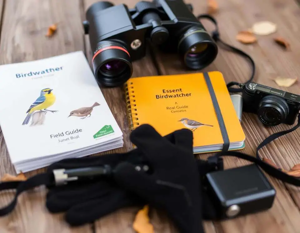 Close-up of birdwatching essentials including binoculars, a field guide, journal, gloves, microphone, and camera on a wooden surface.