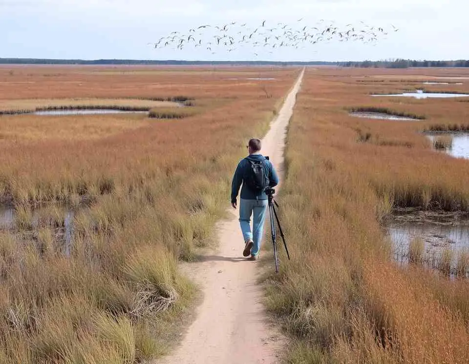 A birdwatcher walking along a path in a wetland, with birds flying in the sky and diverse habitats in the background.