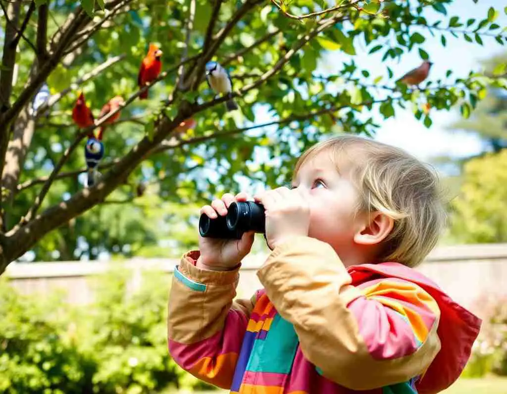 A preschooler in a colorful jacket holding binoculars, looking at vibrant birds in a tree in a sunny backyard.