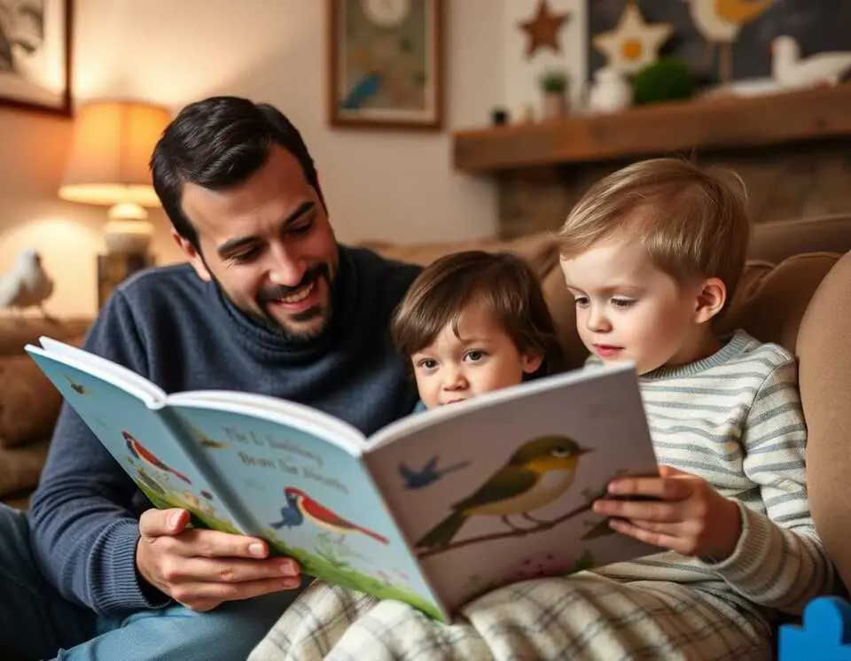 A parent reading a bird-themed storybook to a preschooler in a cozy living room, with bird decorations in the background.