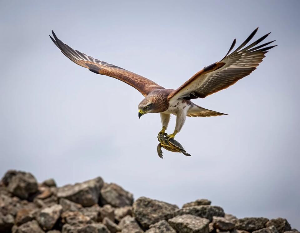 A hawk performing the drop and crack method.