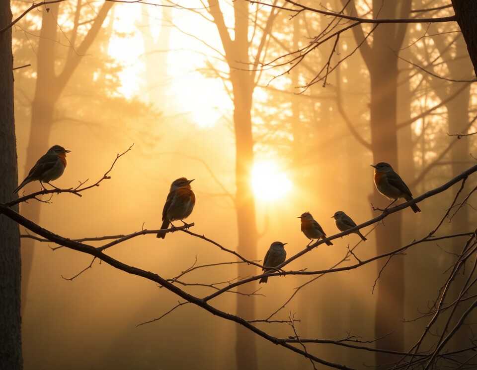 A beautiful sunrise over a misty forest with robins and thrushes perched on branches, singing in harmony as sunlight filters through the trees.