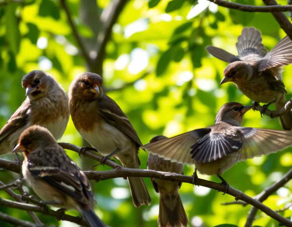 A variety of birds perched on branches, preening their feathers with their beaks, spreading oil to keep them waterproof and clean.