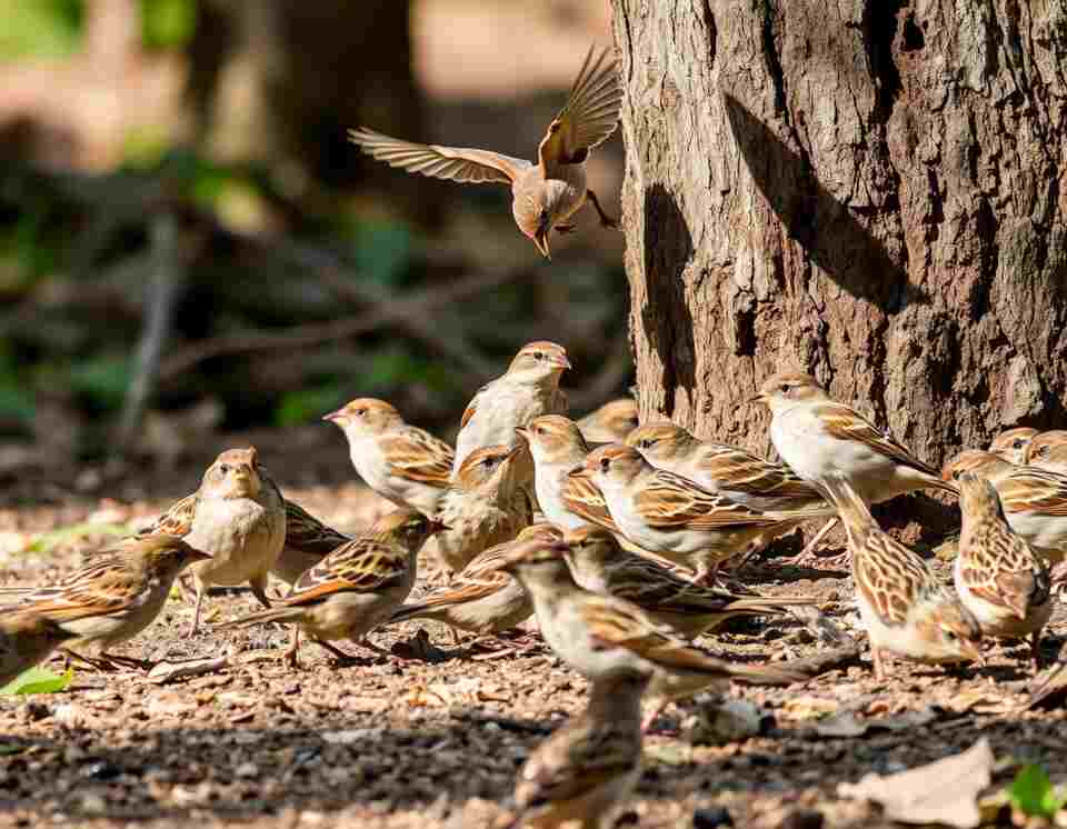 House Sparrows foraging for food, some pecking at tree bark, others catching insects mid-air—while engaging in social behaviors like allopreening.