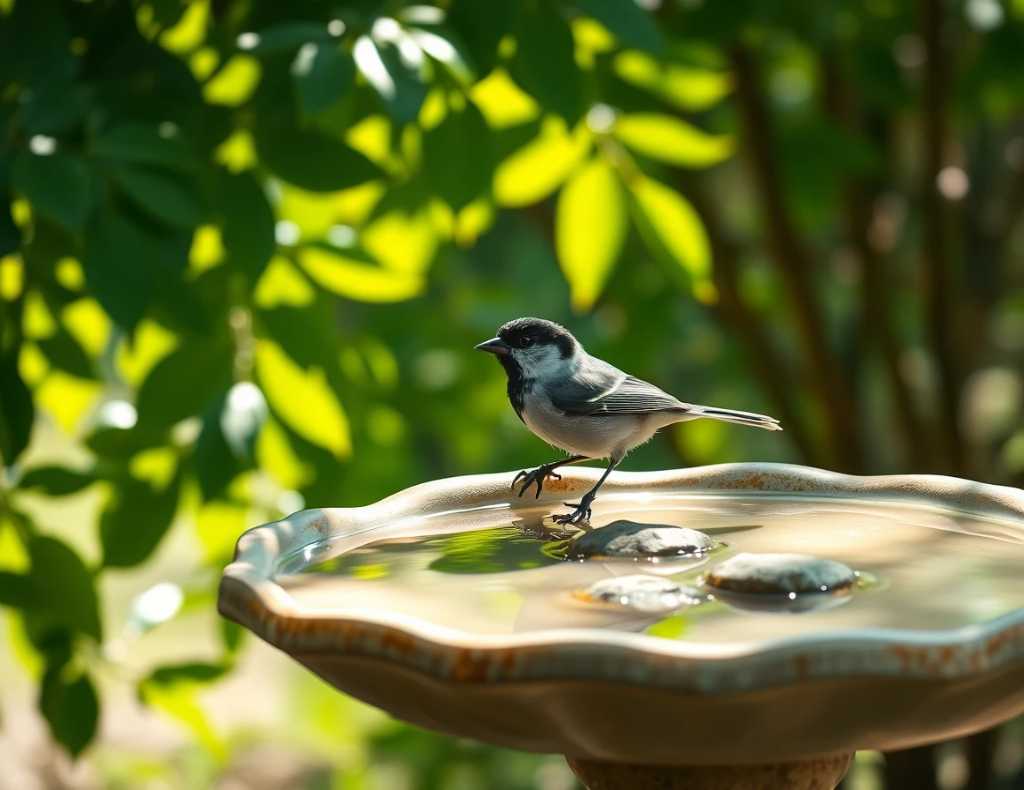 Backyard bird perched on shaded birdbath with clean water during summer