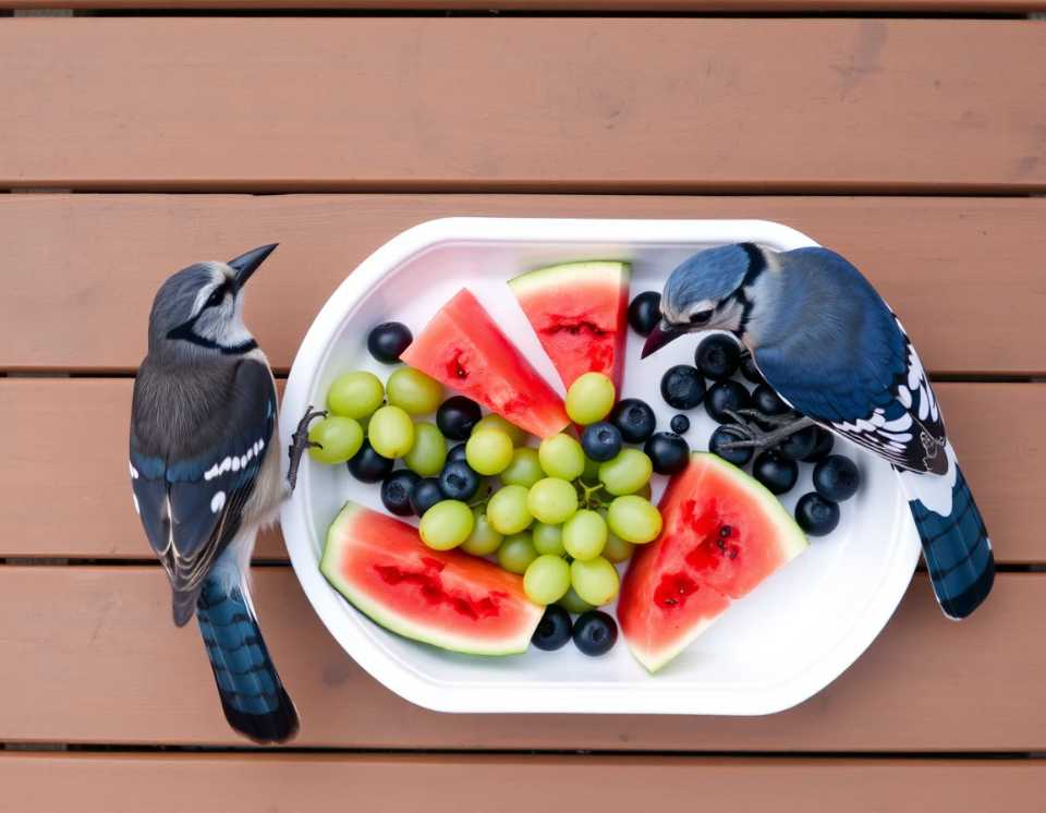 Fresh summer fruit treats like watermelon and grapes placed on tray for backyard birds