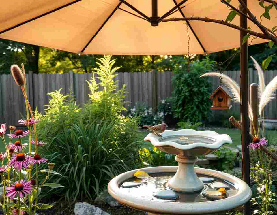 Shaded backyard setup with bird feeder, birdbath, and native plants to keep birds cool