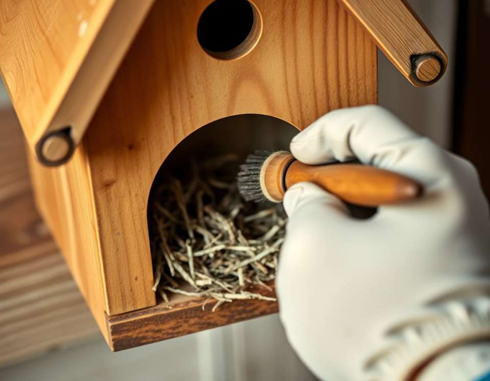 A close-up shot of a person wearing gardening gloves removing nesting material from an open birdhouse with a small brush. The scene is set in natural daylight with wood grain and old feathers visible.