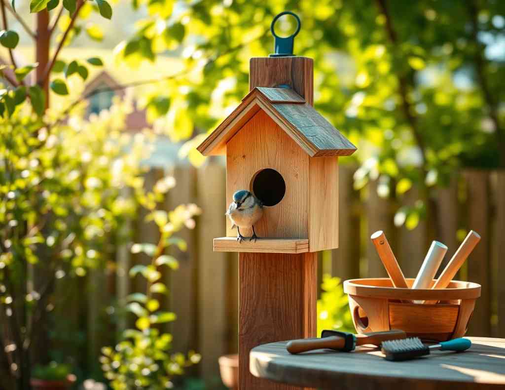 A clean, well-maintained birdhouse mounted on a wooden post, with a bluebird perched near the entrance. The house sits in a lush backyard with soft sunlight and garden tools nearby.