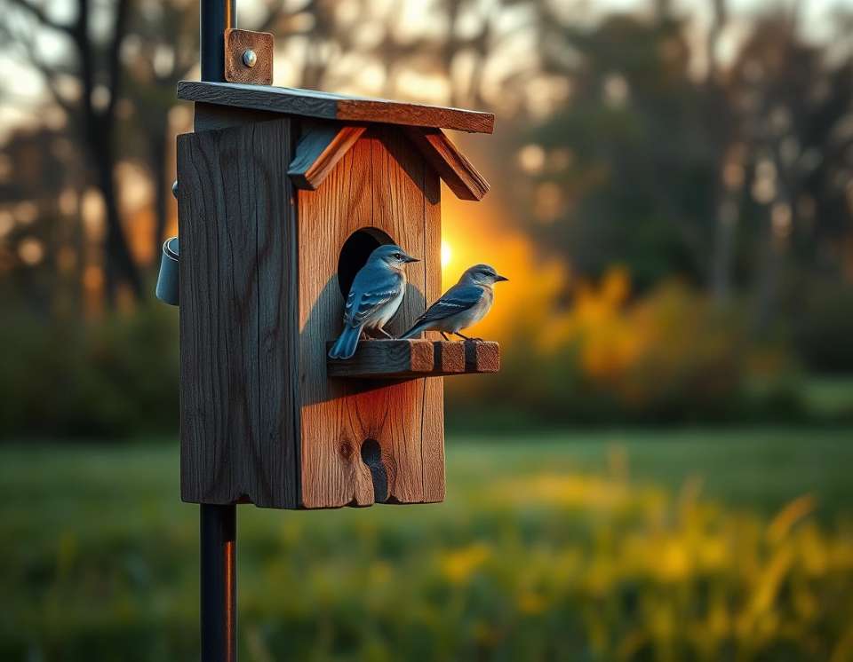A natural morning scene showing a weathered birdhouse mounted on a metal pole with a baffle. A pair of bluebirds perch near the entrance in soft sunrise light, surrounded by grass and blurred trees.