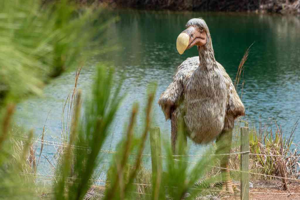 A Dodo bird walking around near a body of water.