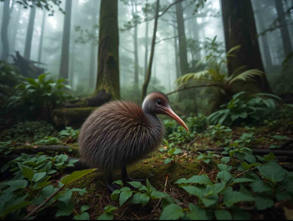 A Kiwi Bird foraging for food in a New Zealand forest.