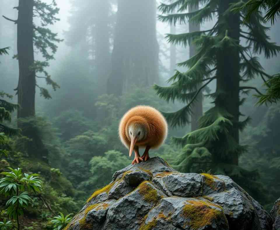 A Kiwi bird standing on a large rock in a New Zealand forest.