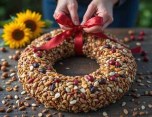 A person adding the final touches to a homemade bird seed wreath.