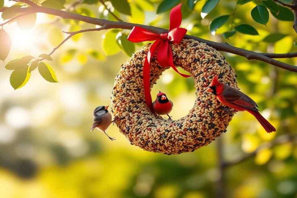 A colorful bird seed wreath hanging from a tree branch with a chickadee and cardinals perched and feeding on it.