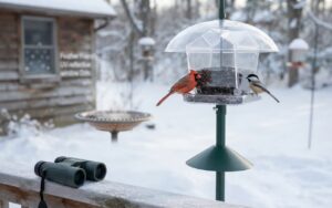 A winter backyard feeding station featuring an 8x42 binocular on a deck rail, a polycarbonate bird feeder with a clear dome and metal squirrel baffle, a cardinal and chickadee eating sunflower seeds, and a bird bath in the snow.