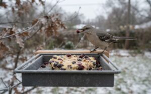 A raw, unedited backyard photo of a grey Northern Mockingbird perched on an open platform tray feeder containing a berry-packed winter suet cake on a frosty morning.