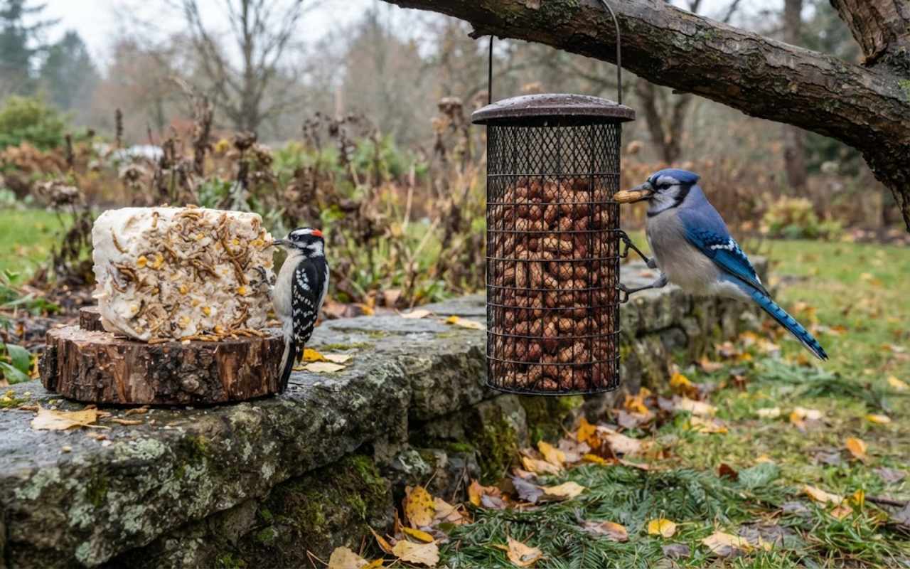 A raw, unedited photo of an autumn backyard feeding station featuring a mesh silo filled with raw peanuts and a beef tallow block on a tree stump as a blue jay and woodpecker feed on an overcast morning.