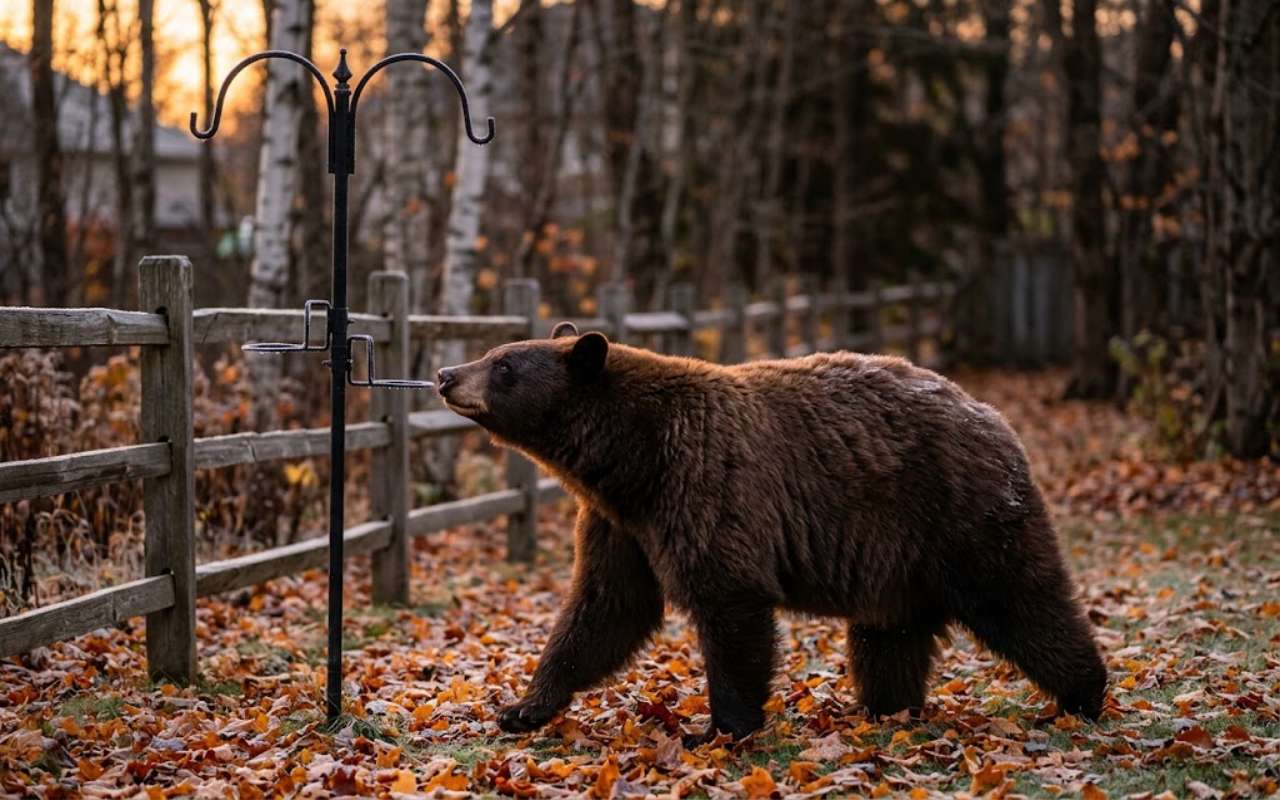 A large brown black bear walks along a split-rail wooden fence covered in autumn leaves and sniffs an empty black metal bird feeder pole at sunset.