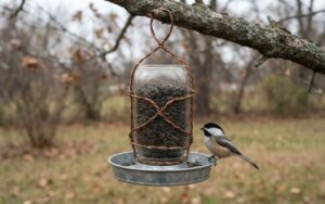 A raw, unedited photo of an inverted clear glass mason jar filled with sunflower seeds and hung from an oak tree branch by a copper wire harness while a black-capped chickadee feeds on the rim.