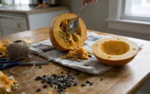 A raw, unedited photo of a kitchen table where a sugar pumpkin is cut in half and scraped out with a spoon next to jute twine and scissors.