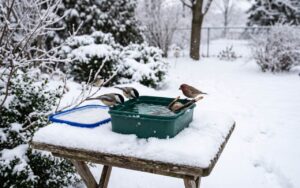 Three black-capped chickadees and one reddish house finch perch on the rim of a shallow green plastic container filled with water on a snow-covered outdoor wooden table.