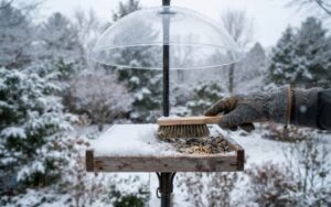 A raw, unedited backyard photo of a gloved hand brushing a fresh layer of winter snow off a cedar tray bird feeder to reveal dry sunflower seeds underneath.